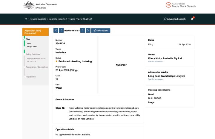 2027 Chery ute - Nullarbor trademark